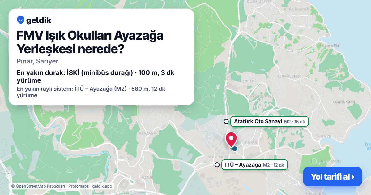 FMV Işık Okulları Ayazağa Yerleşkesi nerede: haritada konumu ve en yakın duraklar, yürüme süreleriyle