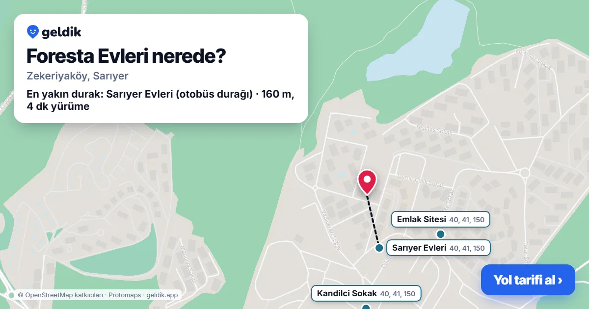 Foresta Evleri nerede: haritada konumu ve en yakın duraklar, yürüme süreleriyle