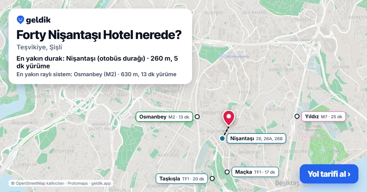 Forty Nişantaşı Hotel nerede: haritada konumu ve en yakın duraklar, yürüme süreleriyle