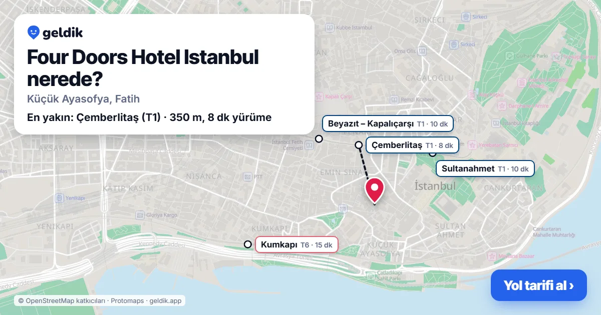 Where is Four Doors Hotel Istanbul: map with its location and the nearest stops, with walking times