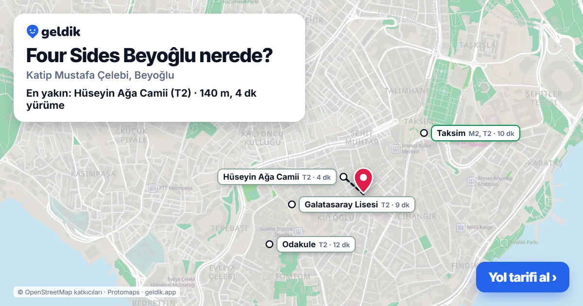 Four Sides Beyoĝlu nerede: haritada konumu ve en yakın duraklar, yürüme süreleriyle