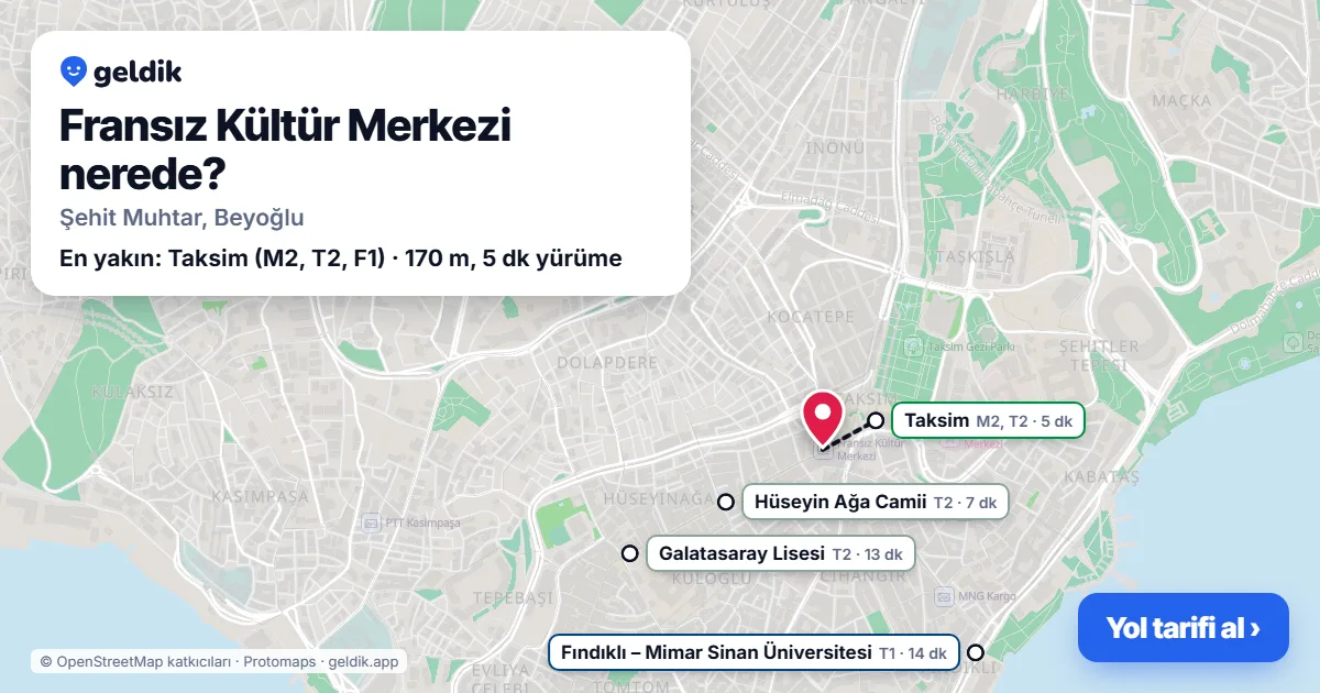 Fransız Kültür Merkezi nerede: haritada konumu ve en yakın duraklar, yürüme süreleriyle