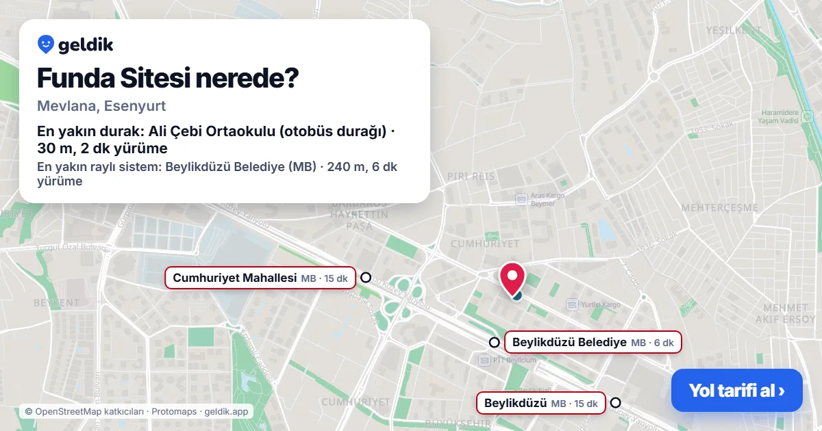 Funda Sitesi nerede: haritada konumu ve en yakın duraklar, yürüme süreleriyle