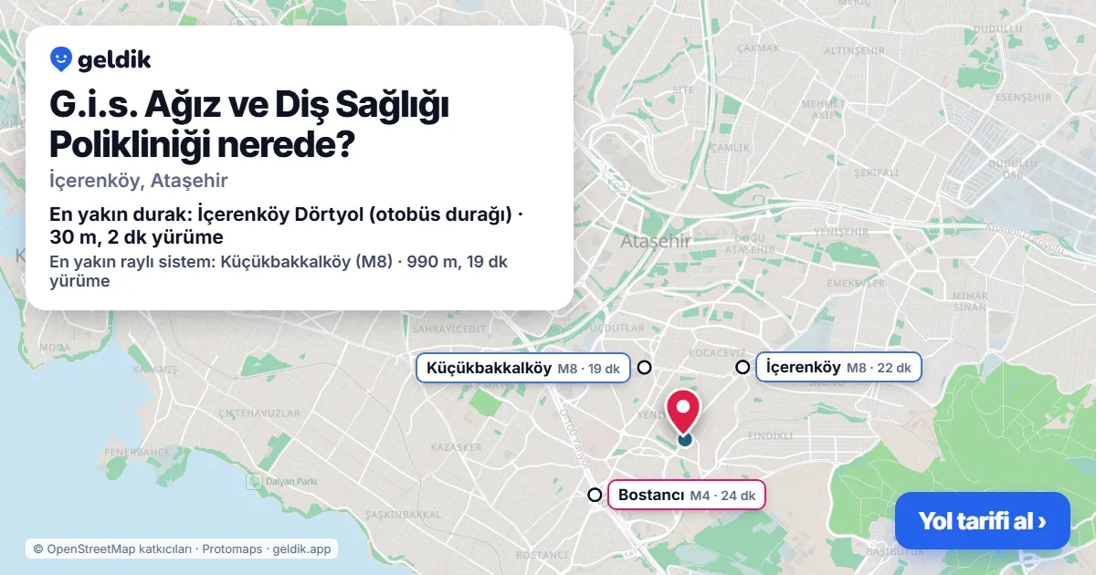 G.i.s. Ağız ve Diş Sağlığı Polikliniği nerede: haritada konumu ve en yakın duraklar, yürüme süreleriyle