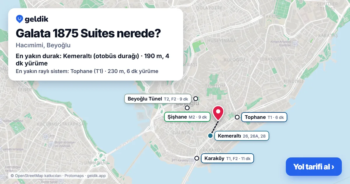 Galata 1875 Suites nerede: haritada konumu ve en yakın duraklar, yürüme süreleriyle