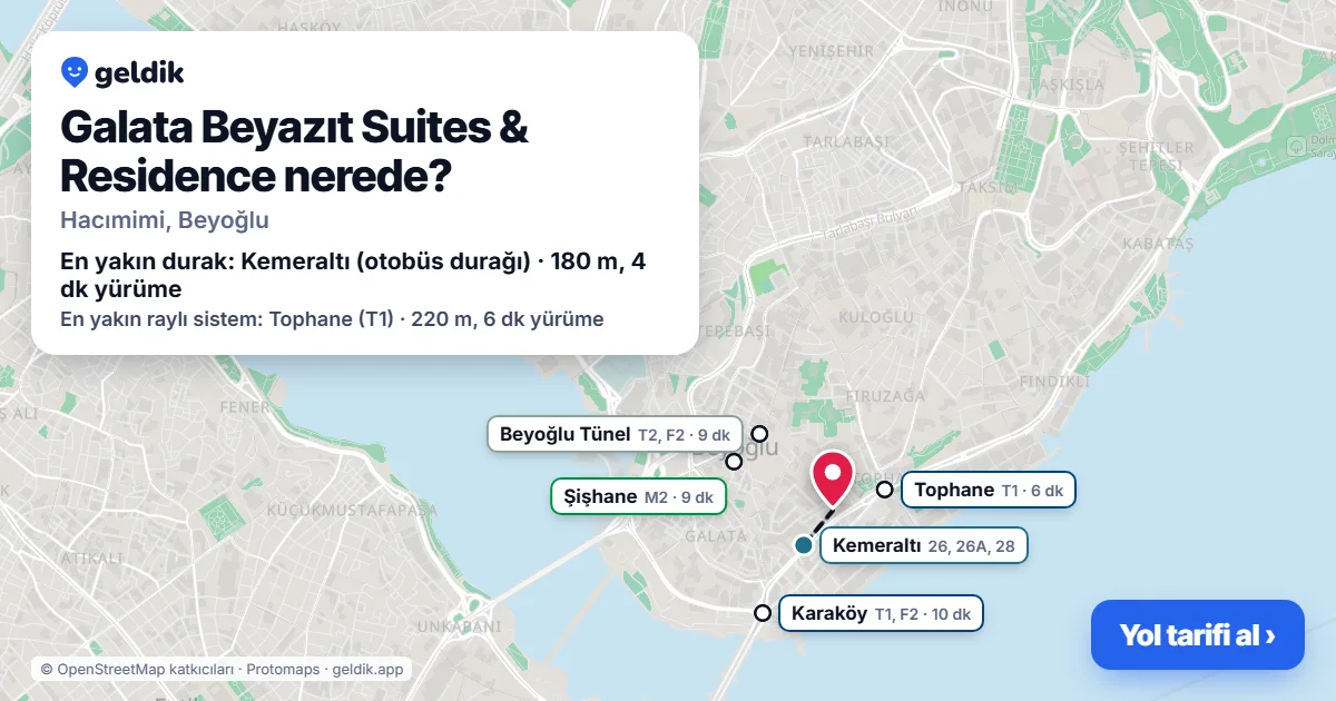 Galata Beyazıt Suites & Residence nerede: haritada konumu ve en yakın duraklar, yürüme süreleriyle