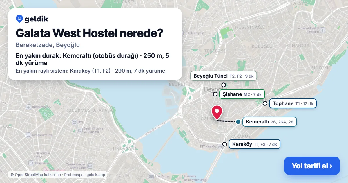 Galata West Hostel nerede: haritada konumu ve en yakın duraklar, yürüme süreleriyle
