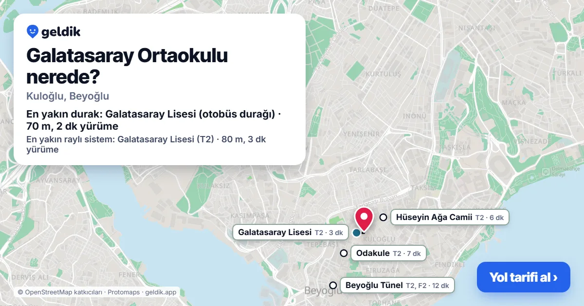 Galatasaray Ortaokulu nerede: haritada konumu ve en yakın duraklar, yürüme süreleriyle