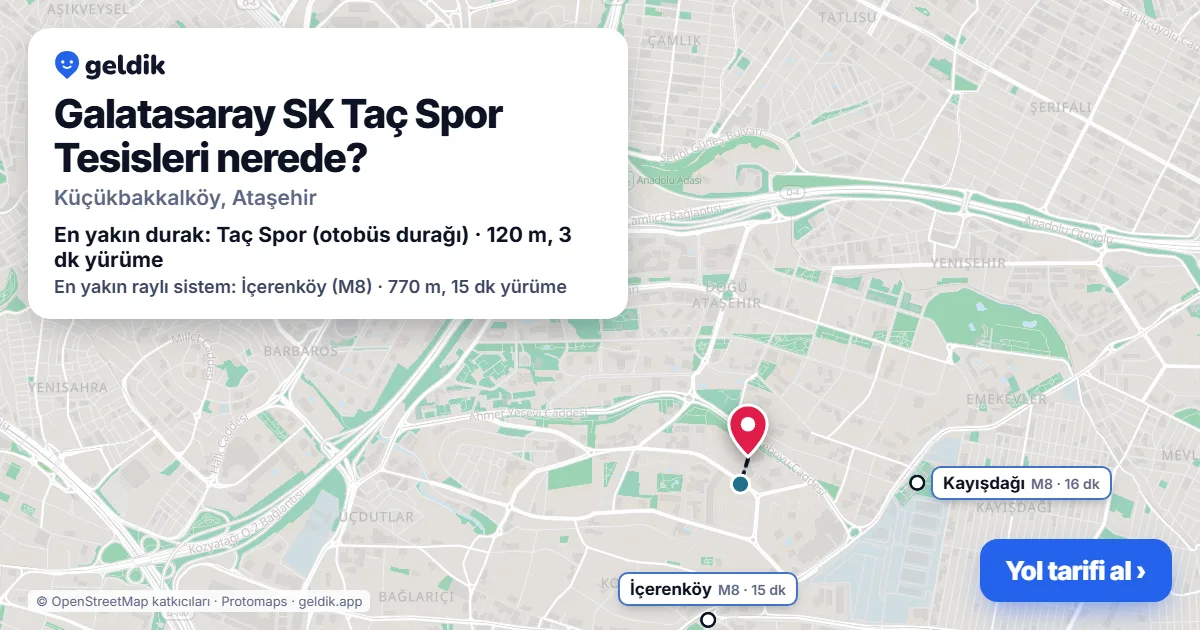 Galatasaray SK Taç Spor Tesisleri nerede: haritada konumu ve en yakın duraklar, yürüme süreleriyle