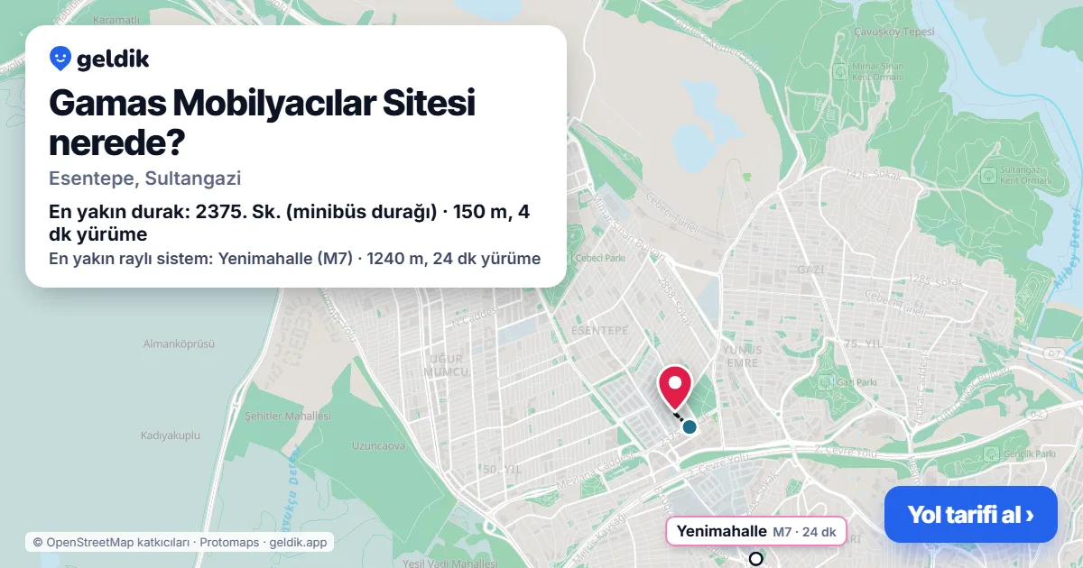 Gamas Mobilyacılar Sitesi nerede: haritada konumu ve en yakın duraklar, yürüme süreleriyle