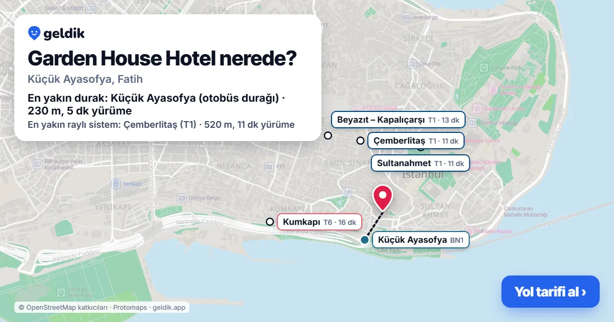 Where is Garden House Hotel: map with its location and the nearest stops, with walking times