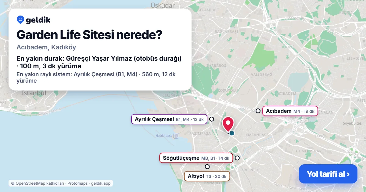Garden Life Sitesi nerede: haritada konumu ve en yakın duraklar, yürüme süreleriyle