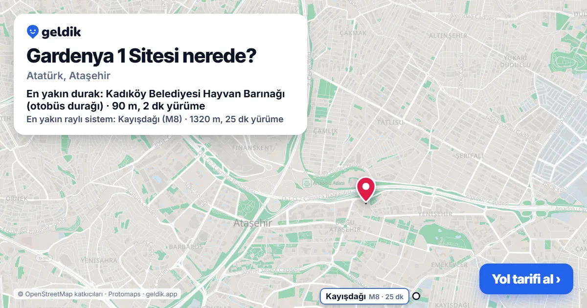 Gardenya 1 Sitesi nerede: haritada konumu ve en yakın duraklar, yürüme süreleriyle