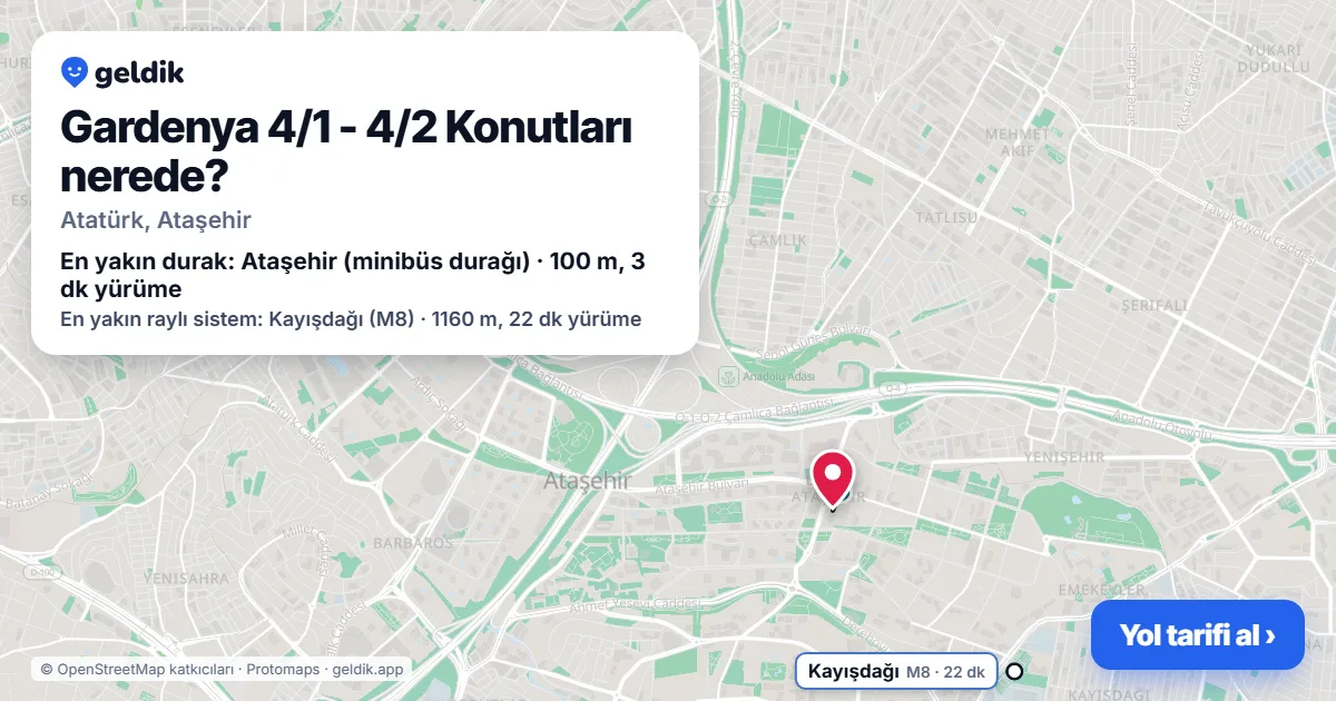Gardenya 4/1 - 4/2 Konutları nerede: haritada konumu ve en yakın duraklar, yürüme süreleriyle