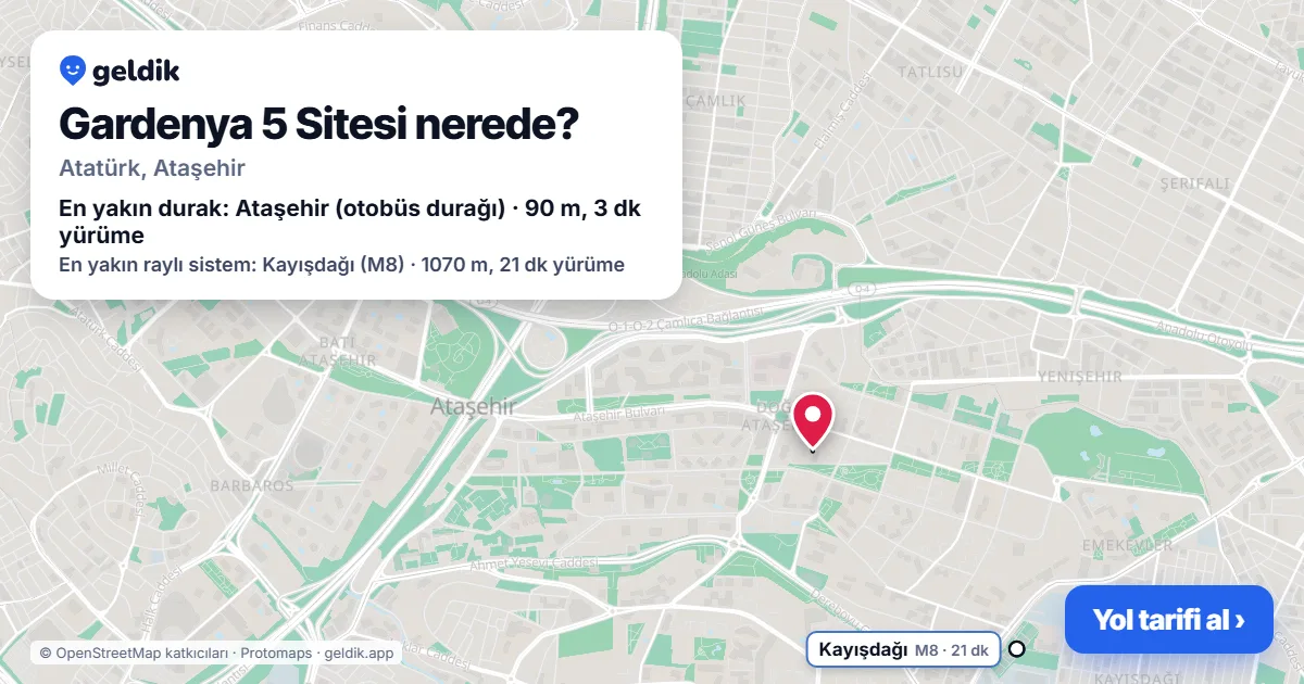 Gardenya 5 Sitesi nerede: haritada konumu ve en yakın duraklar, yürüme süreleriyle
