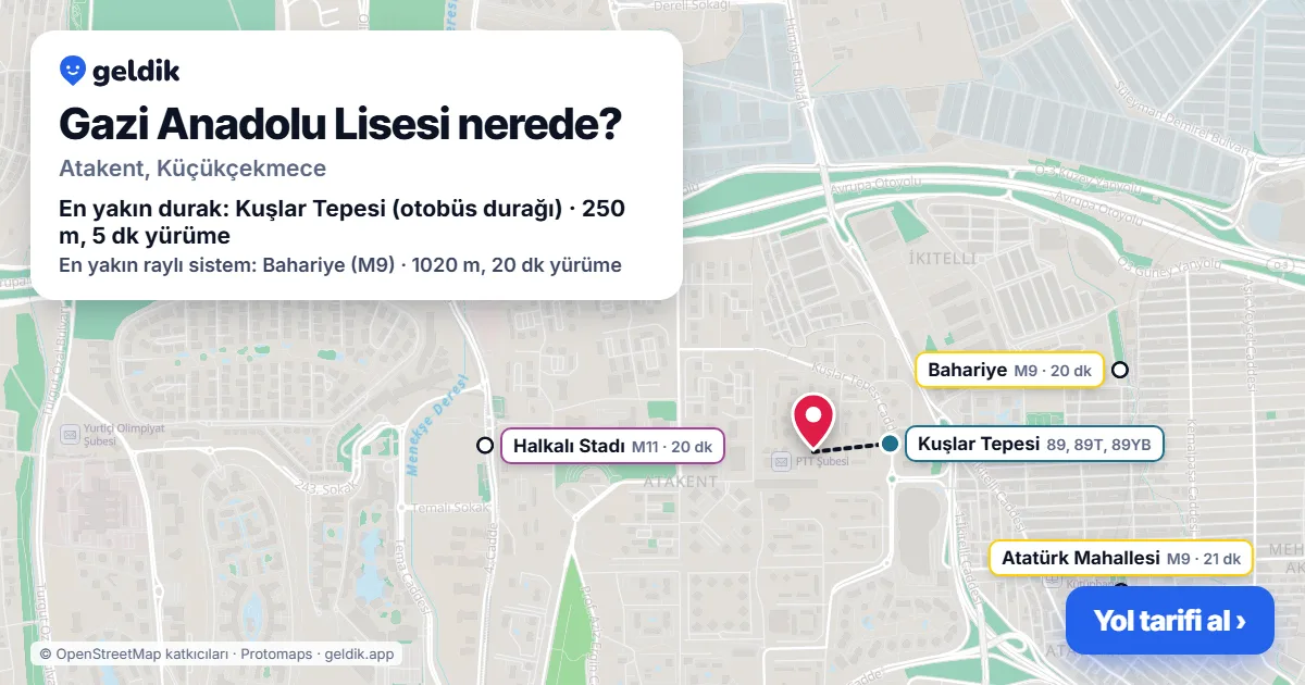 Gazi Anadolu Lisesi nerede: haritada konumu ve en yakın duraklar, yürüme süreleriyle