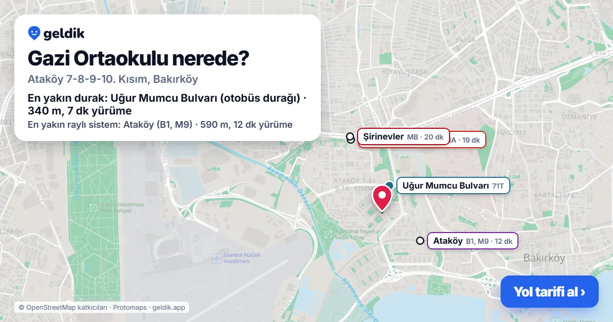 Gazi Ortaokulu nerede: haritada konumu ve en yakın duraklar, yürüme süreleriyle