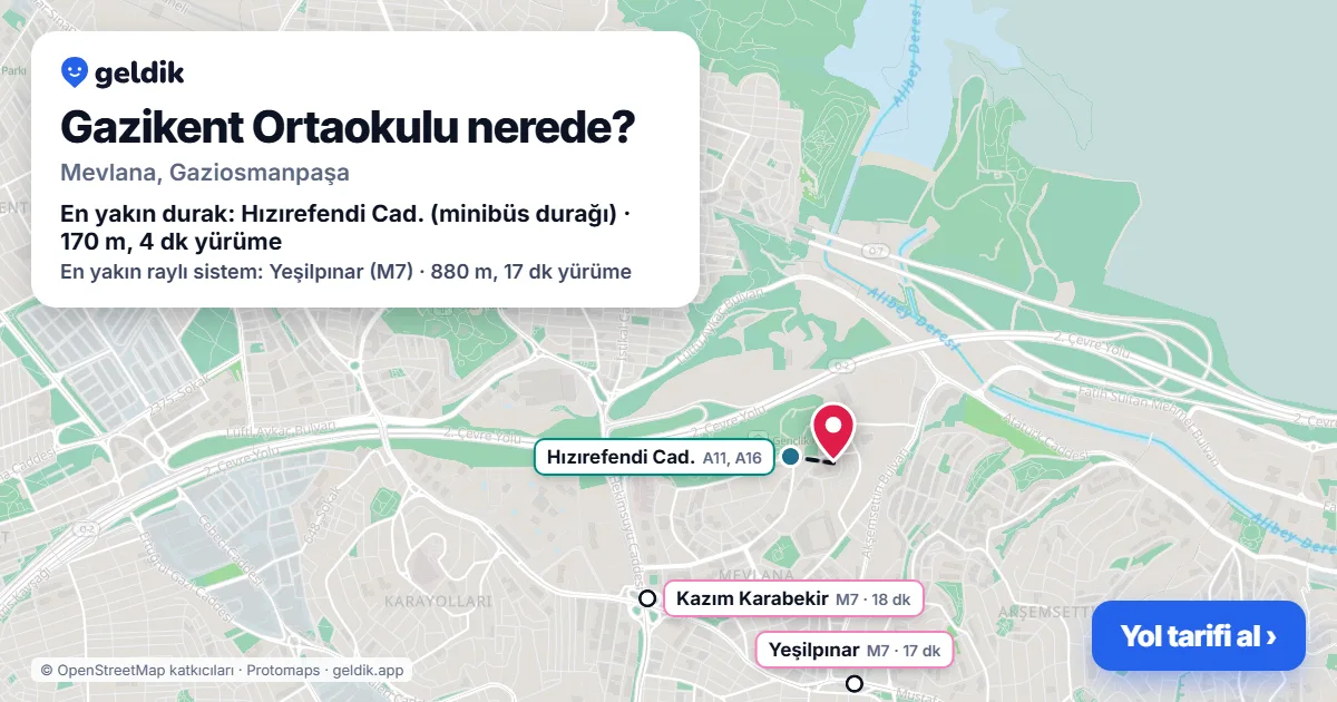 Gazikent Ortaokulu nerede: haritada konumu ve en yakın duraklar, yürüme süreleriyle