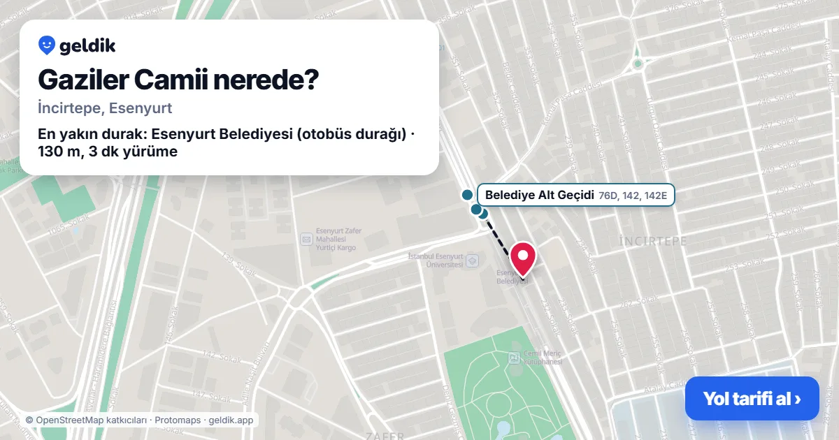 Where is Gaziler Camii: map with its location and the nearest stops, with walking times