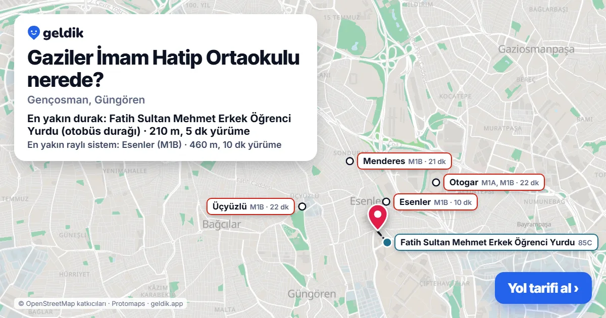 Gaziler İmam Hatip Ortaokulu nerede: haritada konumu ve en yakın duraklar, yürüme süreleriyle