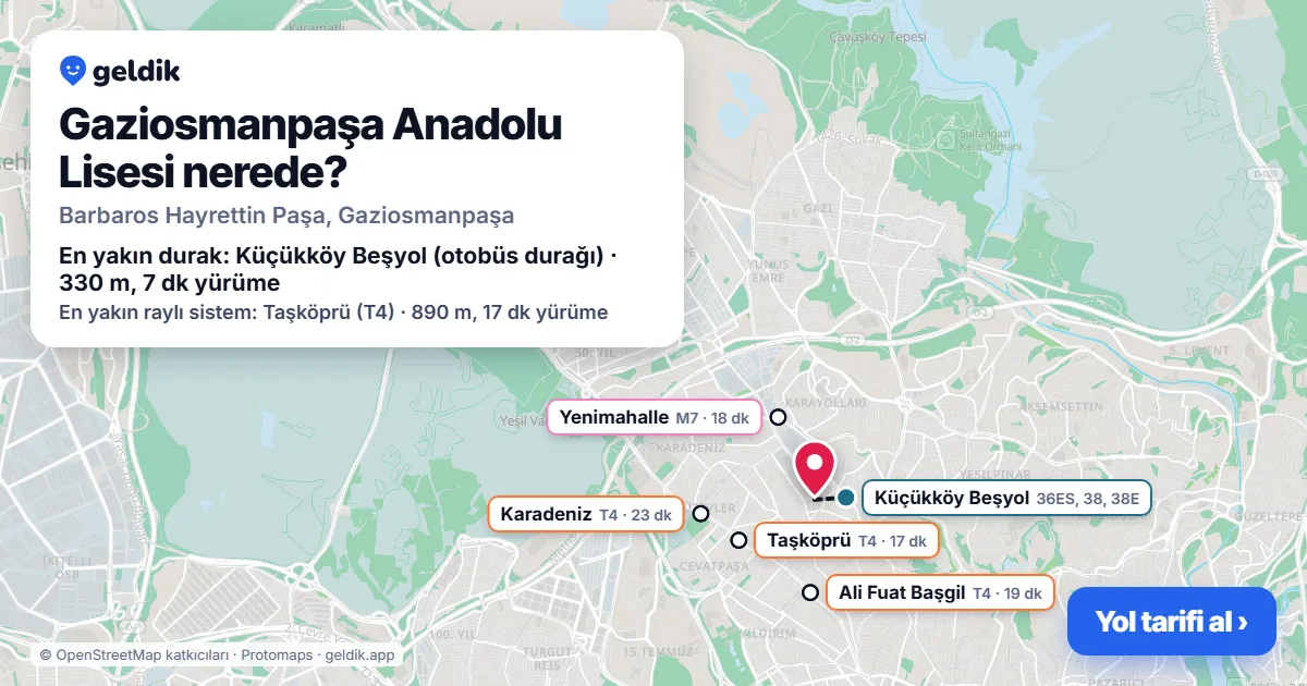 Gaziosmanpaşa Anadolu Lisesi nerede: haritada konumu ve en yakın duraklar, yürüme süreleriyle