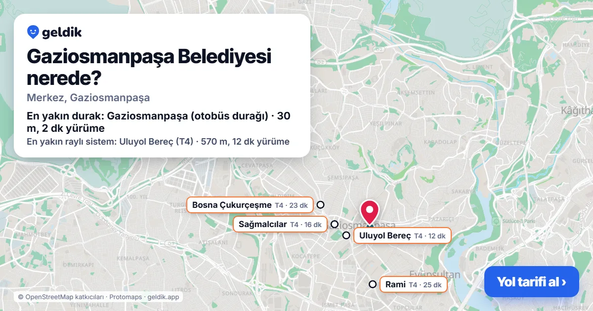 Where is Gaziosmanpaşa Belediyesi: map with its location and the nearest stops, with walking times