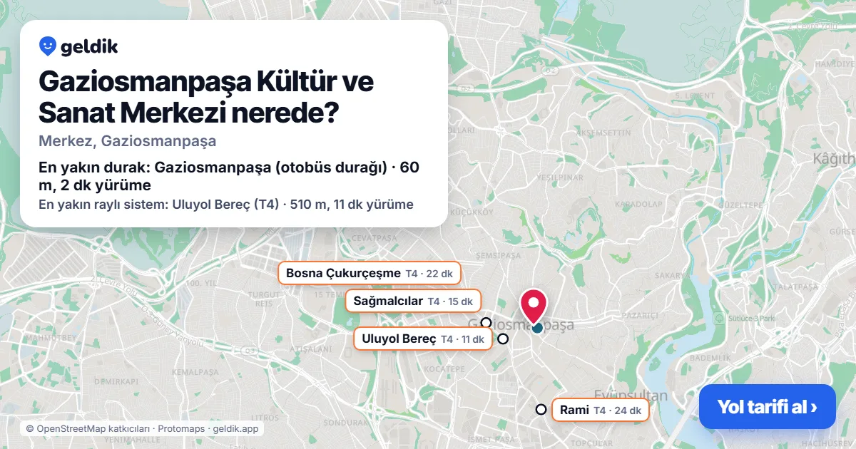 Gaziosmanpaşa Kültür ve Sanat Merkezi nerede: haritada konumu ve en yakın duraklar, yürüme süreleriyle