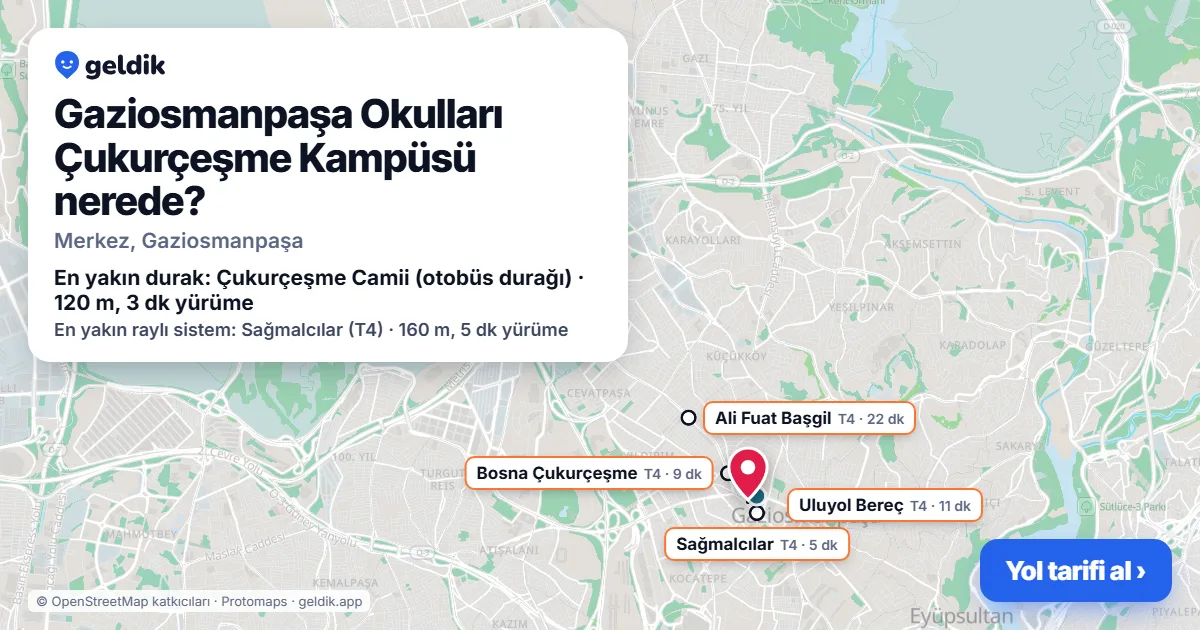Gaziosmanpaşa Okulları Çukurçeşme Kampüsü nerede: haritada konumu ve en yakın duraklar, yürüme süreleriyle