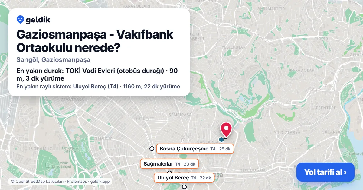 Gaziosmanpaşa - Vakıfbank Ortaokulu nerede: haritada konumu ve en yakın duraklar, yürüme süreleriyle