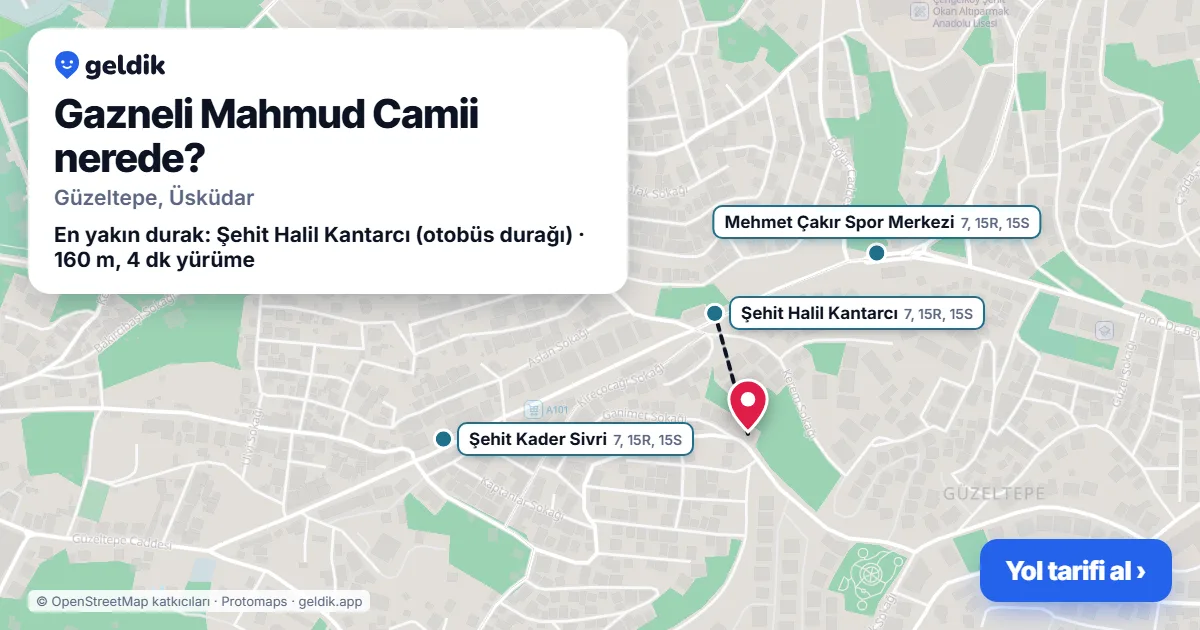 Where is Gazneli Mahmud Camii: map with its location and the nearest stops, with walking times