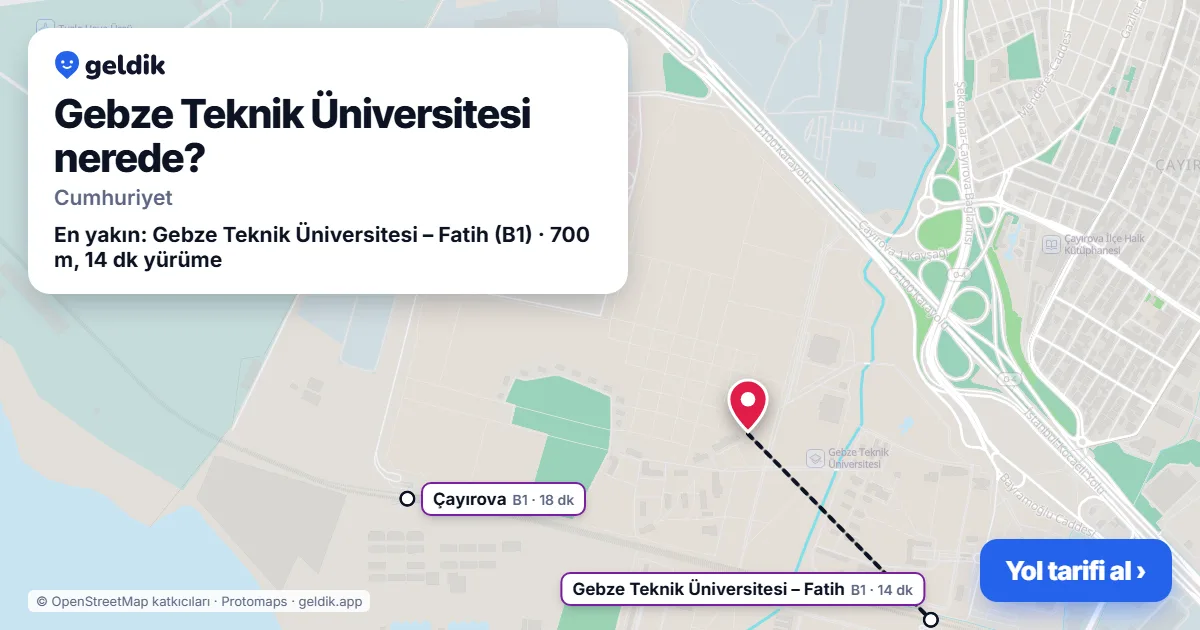 Gebze Teknik Üniversitesi nerede: haritada konumu ve en yakın duraklar, yürüme süreleriyle