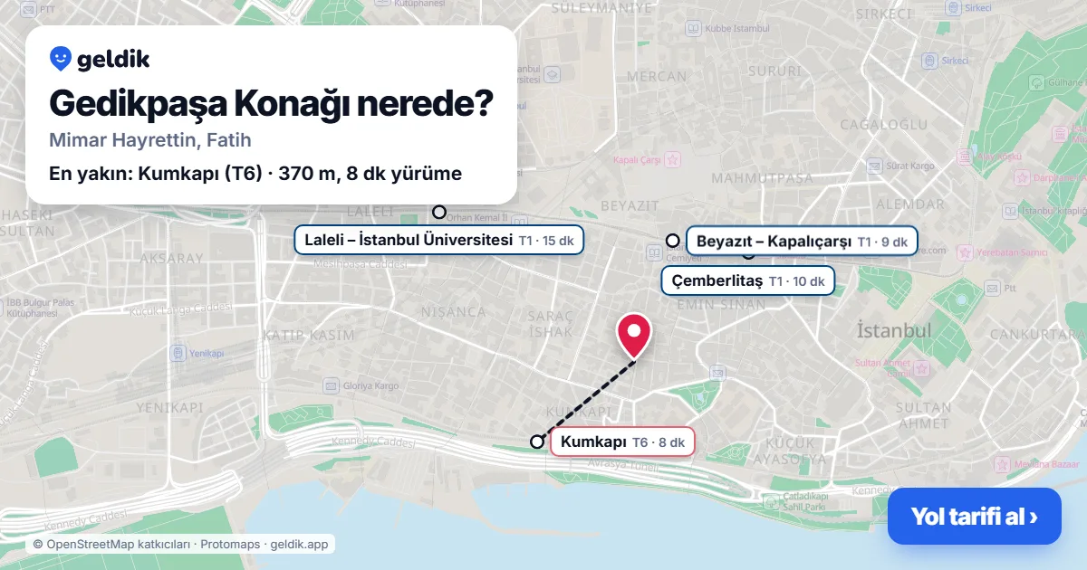 Gedikpaşa Konağı nerede: haritada konumu ve en yakın duraklar, yürüme süreleriyle