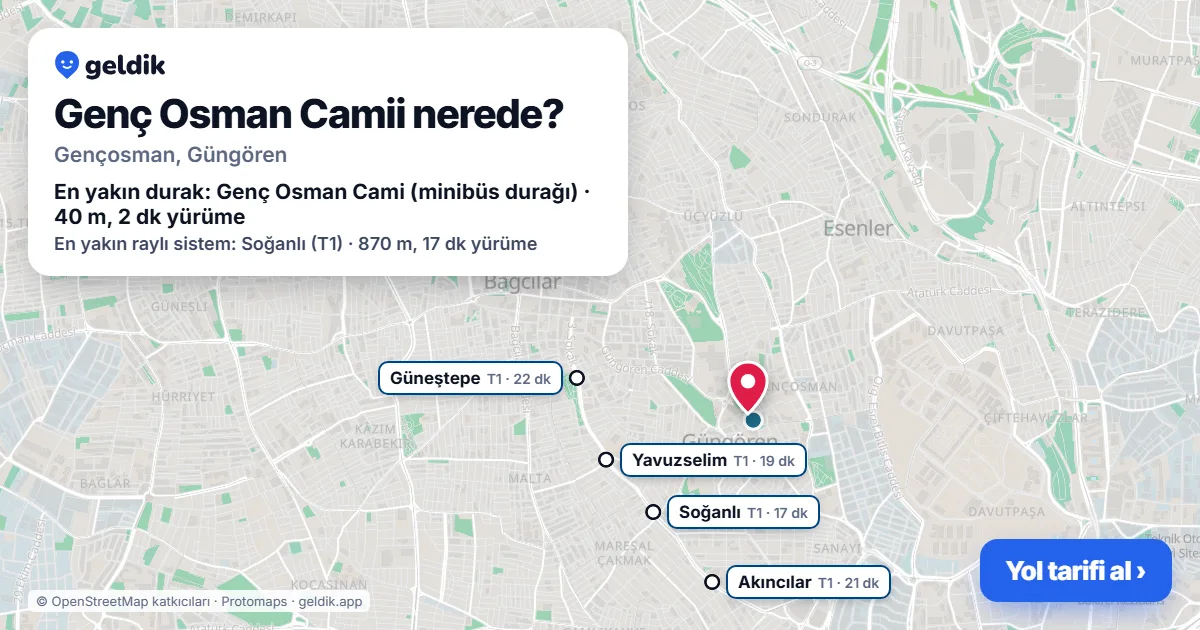 Where is Genç Osman Camii: map with its location and the nearest stops, with walking times