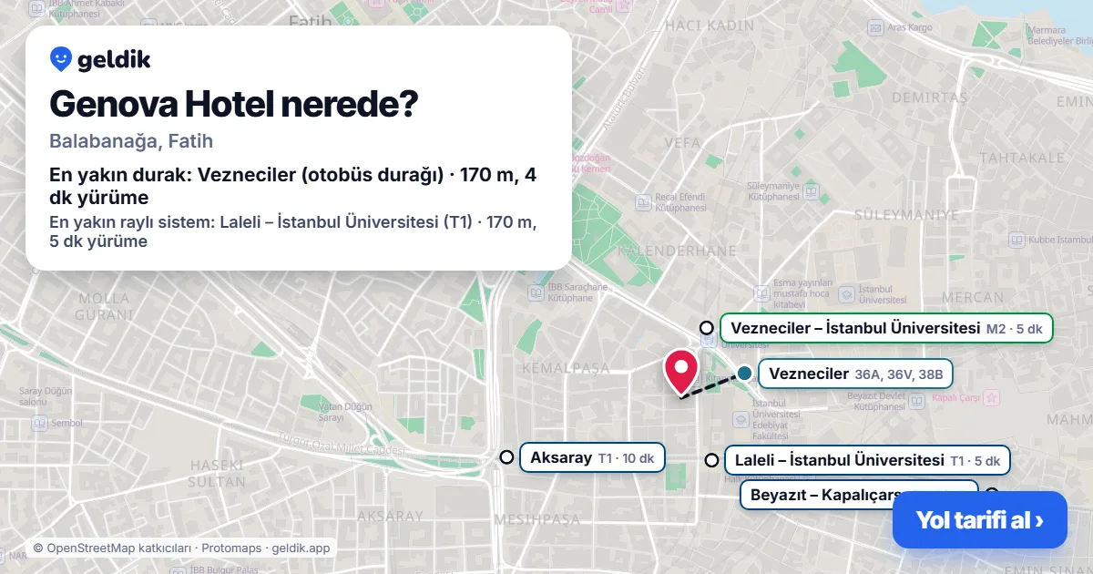 Genova Hotel nerede: haritada konumu ve en yakın duraklar, yürüme süreleriyle