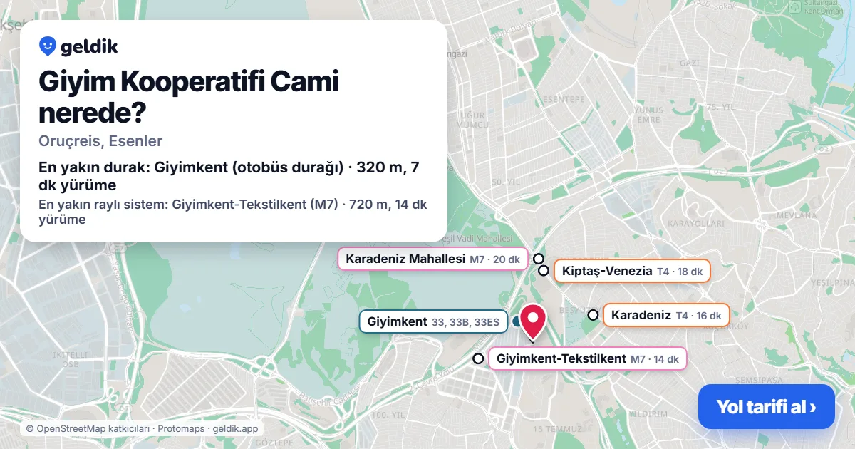 Where is Giyim Kooperatifi Cami: map with its location and the nearest stops, with walking times