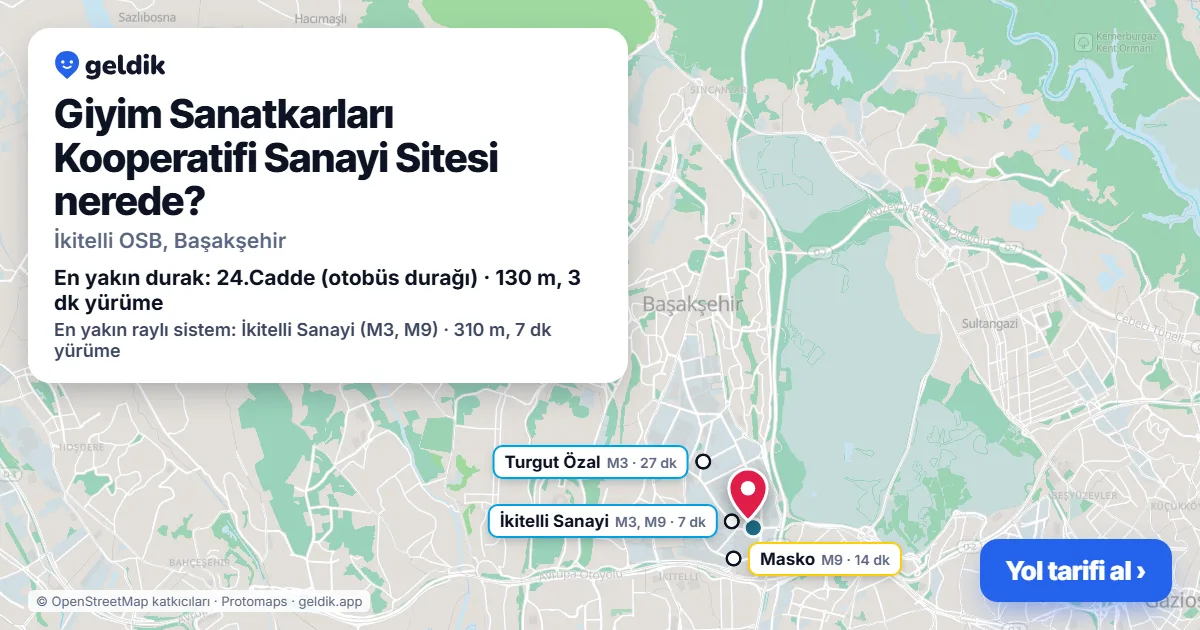 Where is Giyim Sanatkarları Kooperatifi Sanayi Sitesi: map with its location and the nearest stops, with walking times