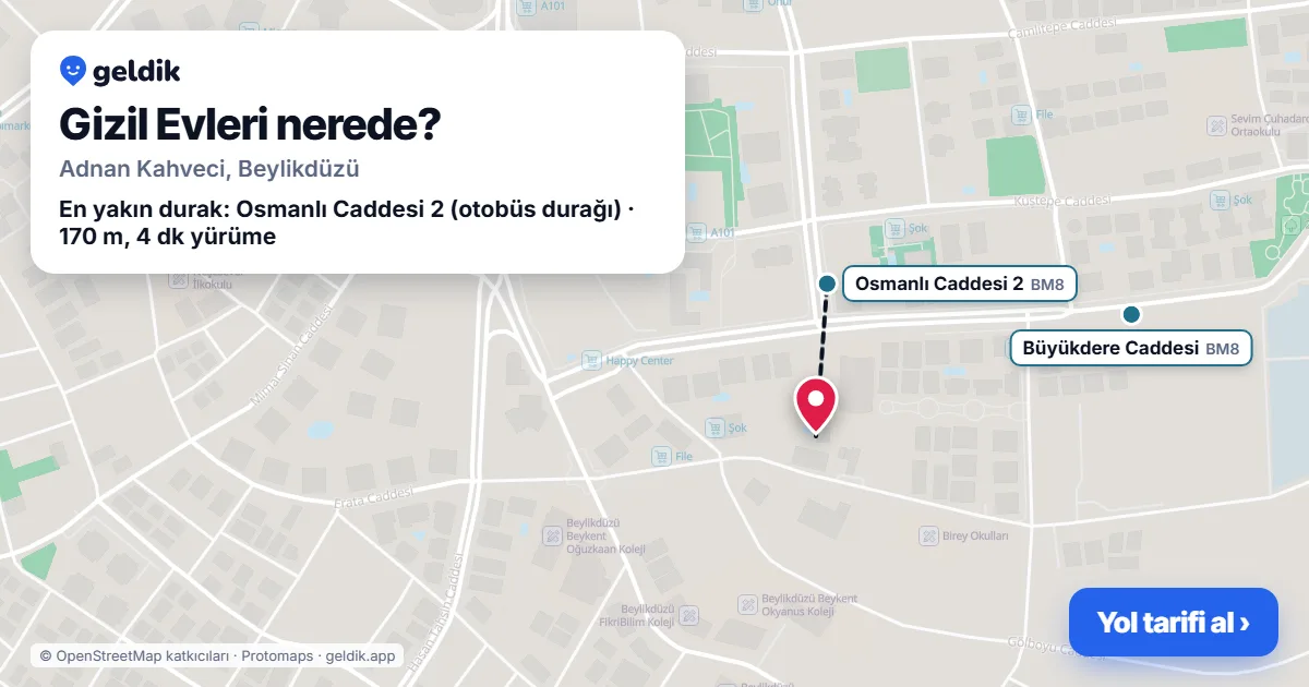 Where is Gizil Evleri: map with its location and the nearest stops, with walking times
