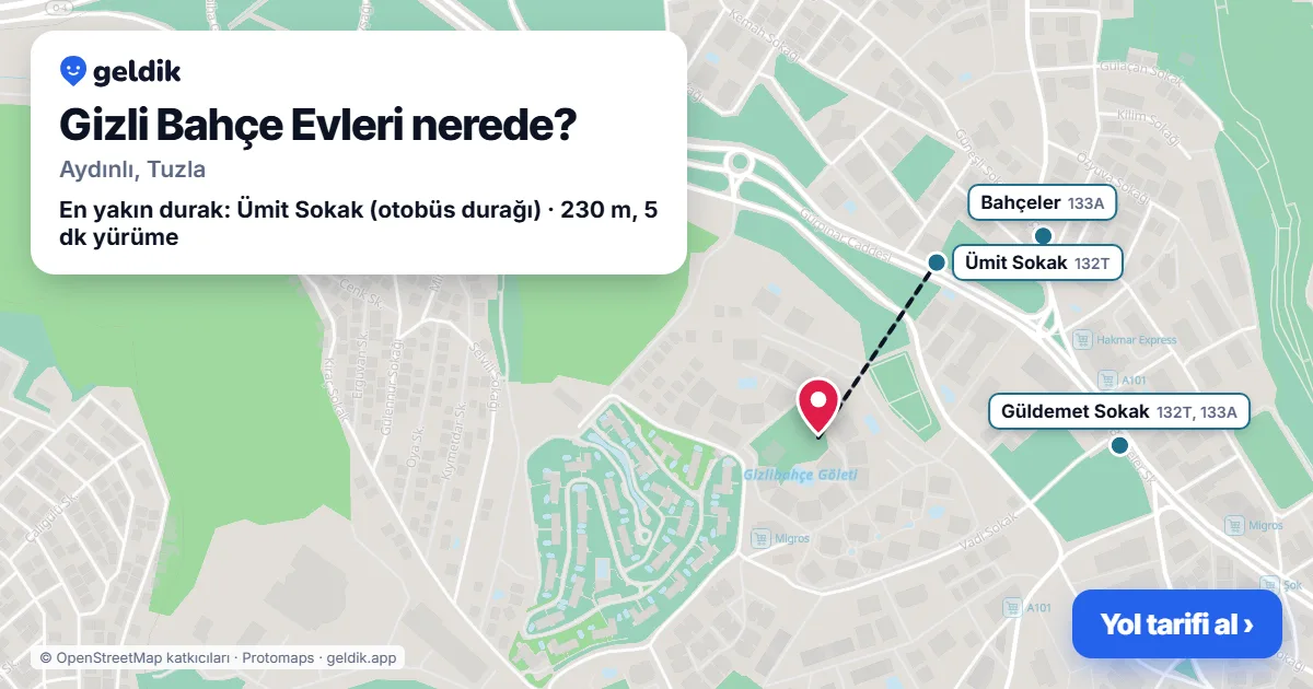 Where is Gizli Bahçe Evleri: map with its location and the nearest stops, with walking times