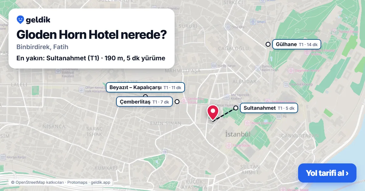 Where is Gloden Horn Hotel: map with its location and the nearest stops, with walking times