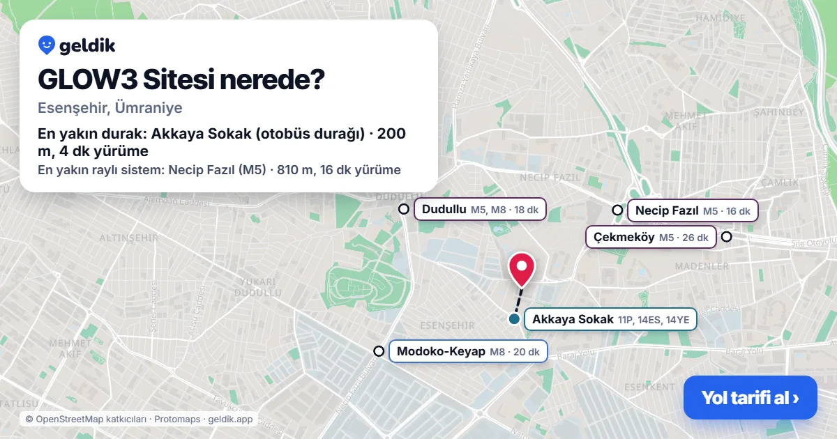 GLOW3 Sitesi nerede: haritada konumu ve en yakın duraklar, yürüme süreleriyle