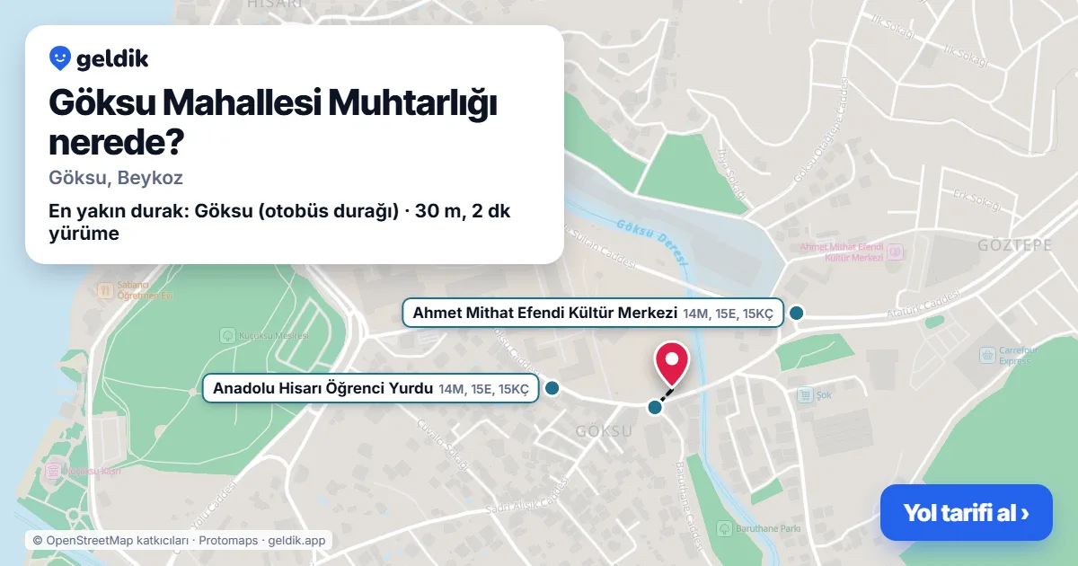 Where is Göksu Mahallesi Muhtarlığı: map with its location and the nearest stops, with walking times