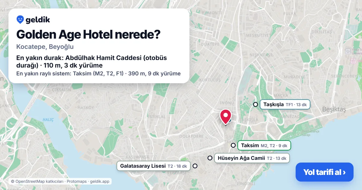 Golden Age Hotel nerede: haritada konumu ve en yakın duraklar, yürüme süreleriyle