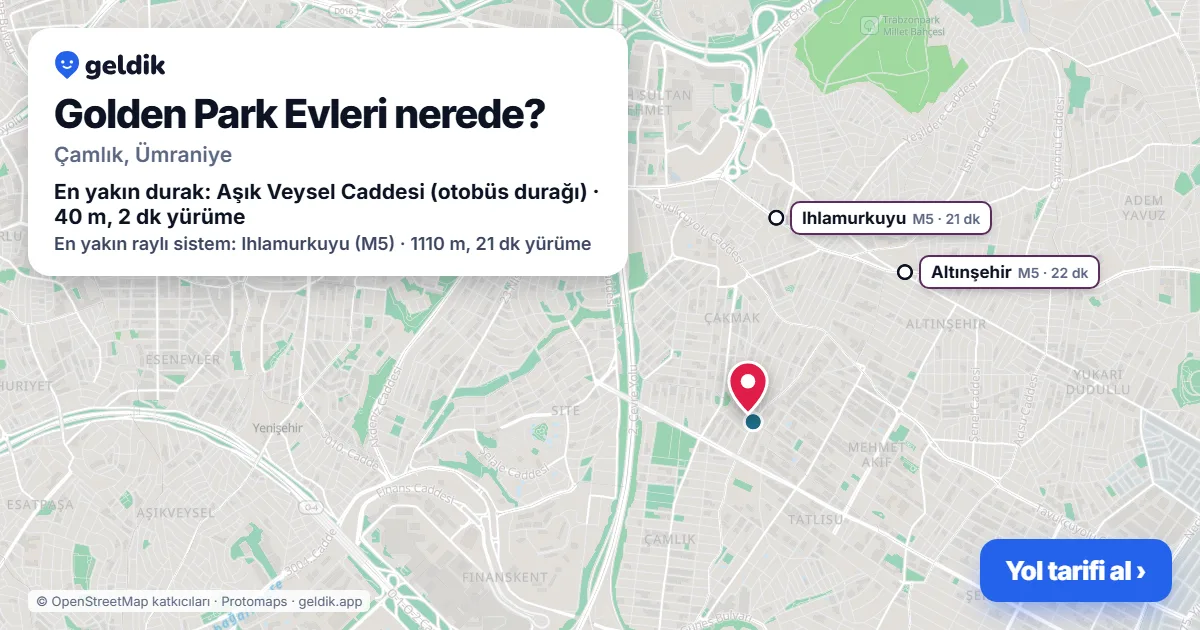 Golden Park Evleri nerede: haritada konumu ve en yakın duraklar, yürüme süreleriyle