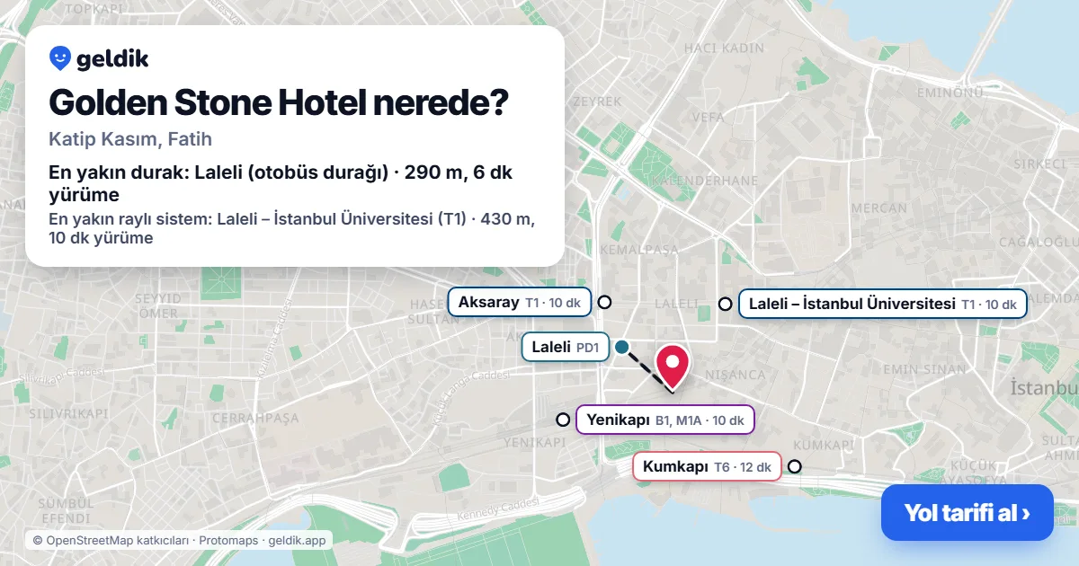 Where is Golden Stone Hotel: map with its location and the nearest stops, with walking times
