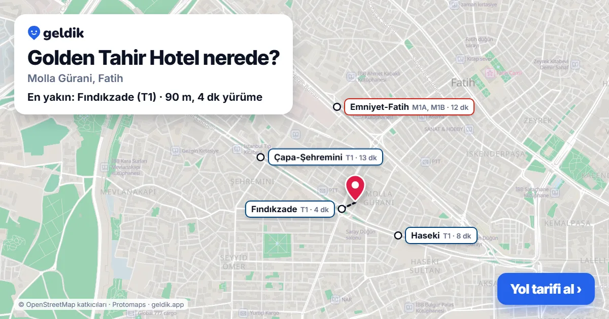 Where is Golden Tahir Hotel: map with its location and the nearest stops, with walking times