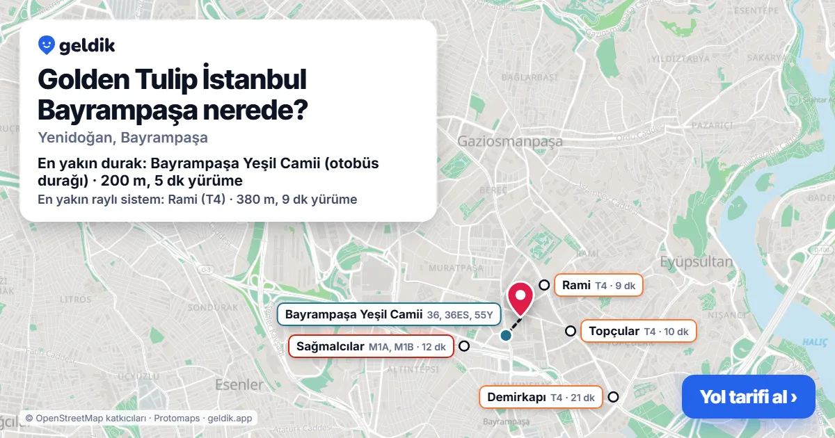 Where is Golden Tulip İstanbul Bayrampaşa: map with its location and the nearest stops, with walking times