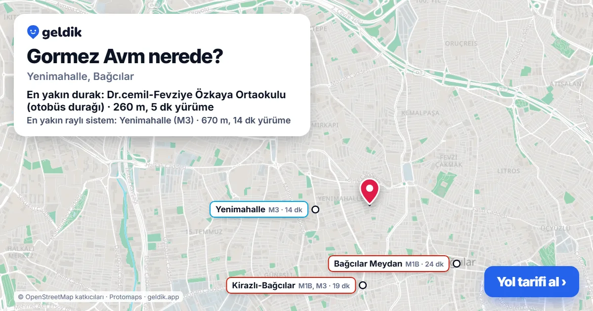 Where is Gormez Avm: map with its location and the nearest stops, with walking times