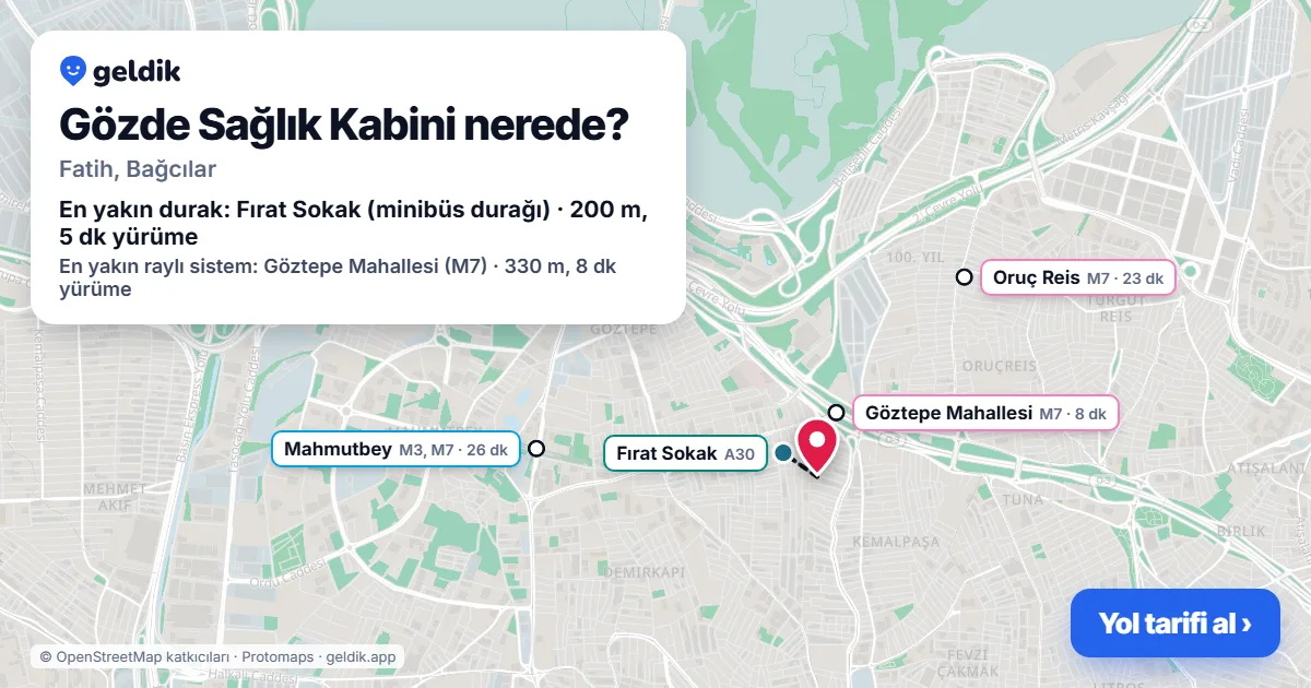 Gözde Sağlık Kabini nerede: haritada konumu ve en yakın duraklar, yürüme süreleriyle