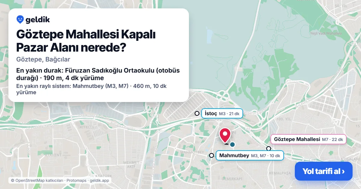 Where is Göztepe Mahallesi Kapalı Pazar Alanı: map with its location and the nearest stops, with walking times