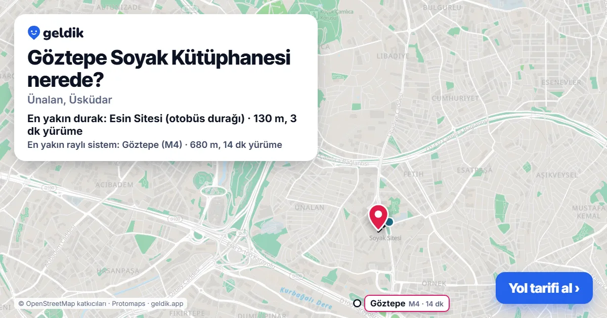 Göztepe Soyak Kütüphanesi nerede: haritada konumu ve en yakın duraklar, yürüme süreleriyle